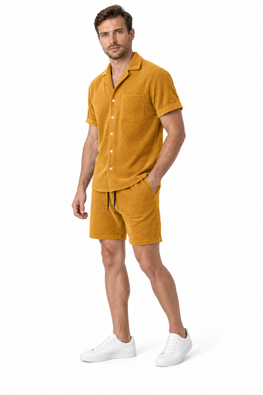 Men's Shirt Shorts Set Corduroy Texture Coordinated Fit, Yellow, side view