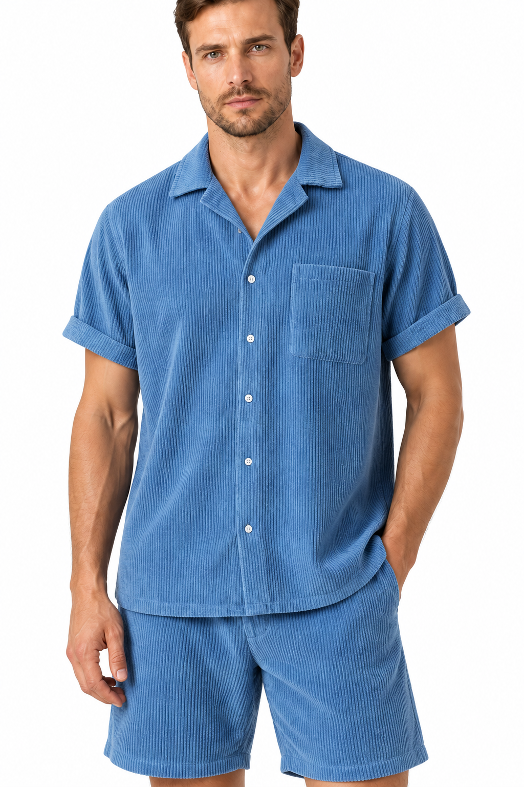 Men's Shirt Shorts Set Corduroy Texture Coordinated Fit, Light Blue, fabric close-up