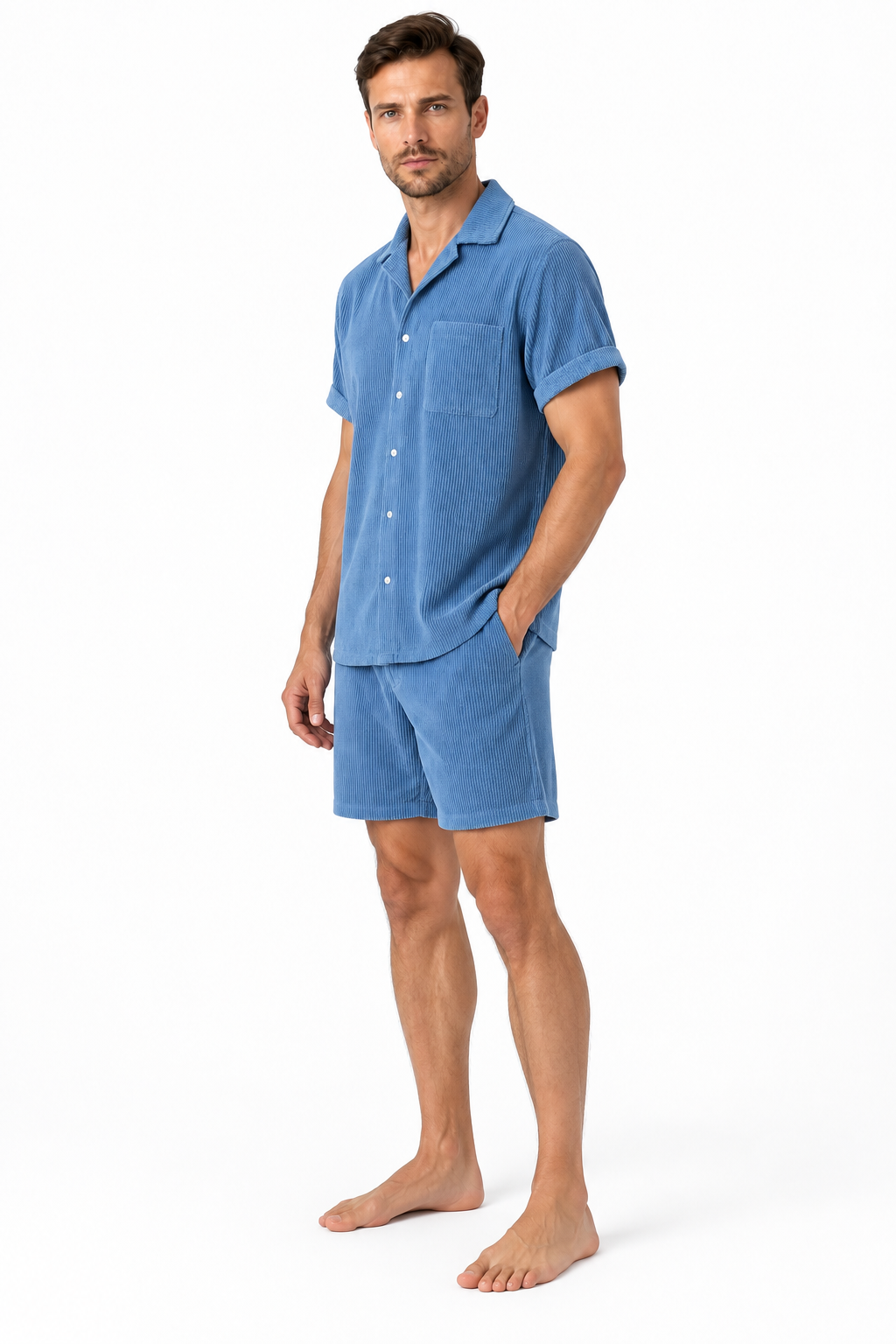 Men's Shirt Shorts Set Corduroy Texture Coordinated Fit, Light Blue, side view