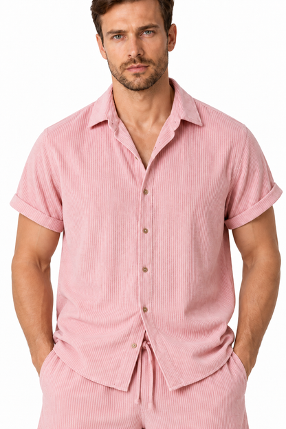 Men's Shirt Shorts Set Corduroy Texture Coordinated Fit, Pink, fabric close-up
