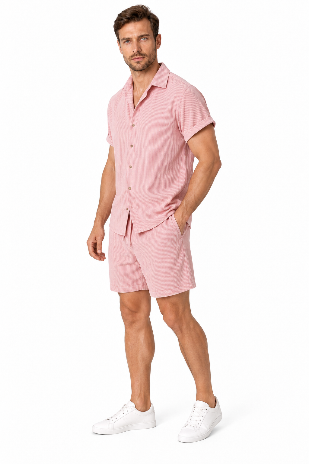 Men's Shirt Shorts Set Corduroy Texture Coordinated Fit, Pink, side view