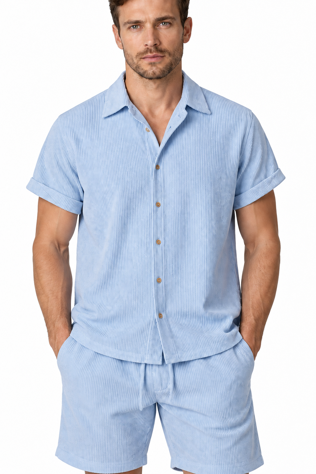 Men's Shirt Shorts Set Corduroy Texture Coordinated Fit, Blue, fabric close-up