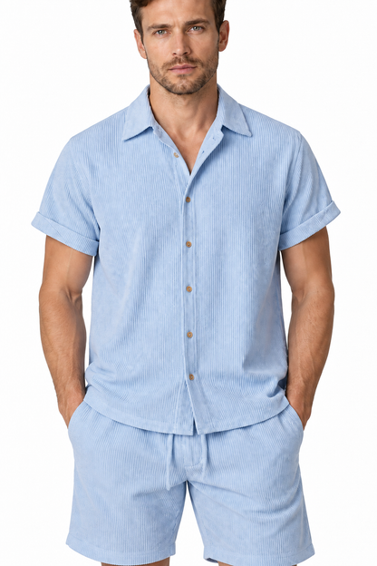 Men's Shirt Shorts Set Corduroy Texture Coordinated Fit, Blue, fabric close-up