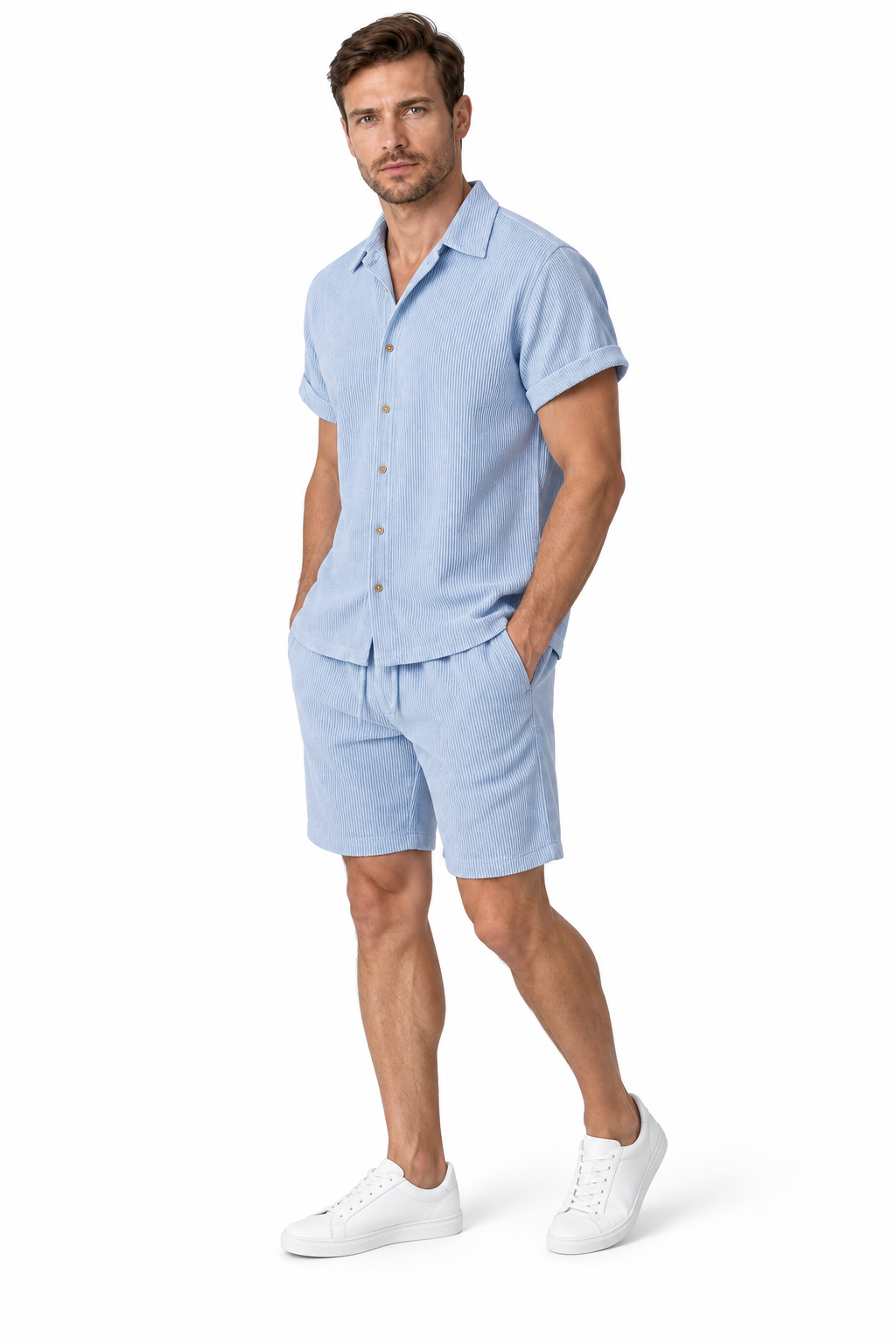 Men's Shirt Shorts Set Corduroy Texture Coordinated Fit, Blue, side view