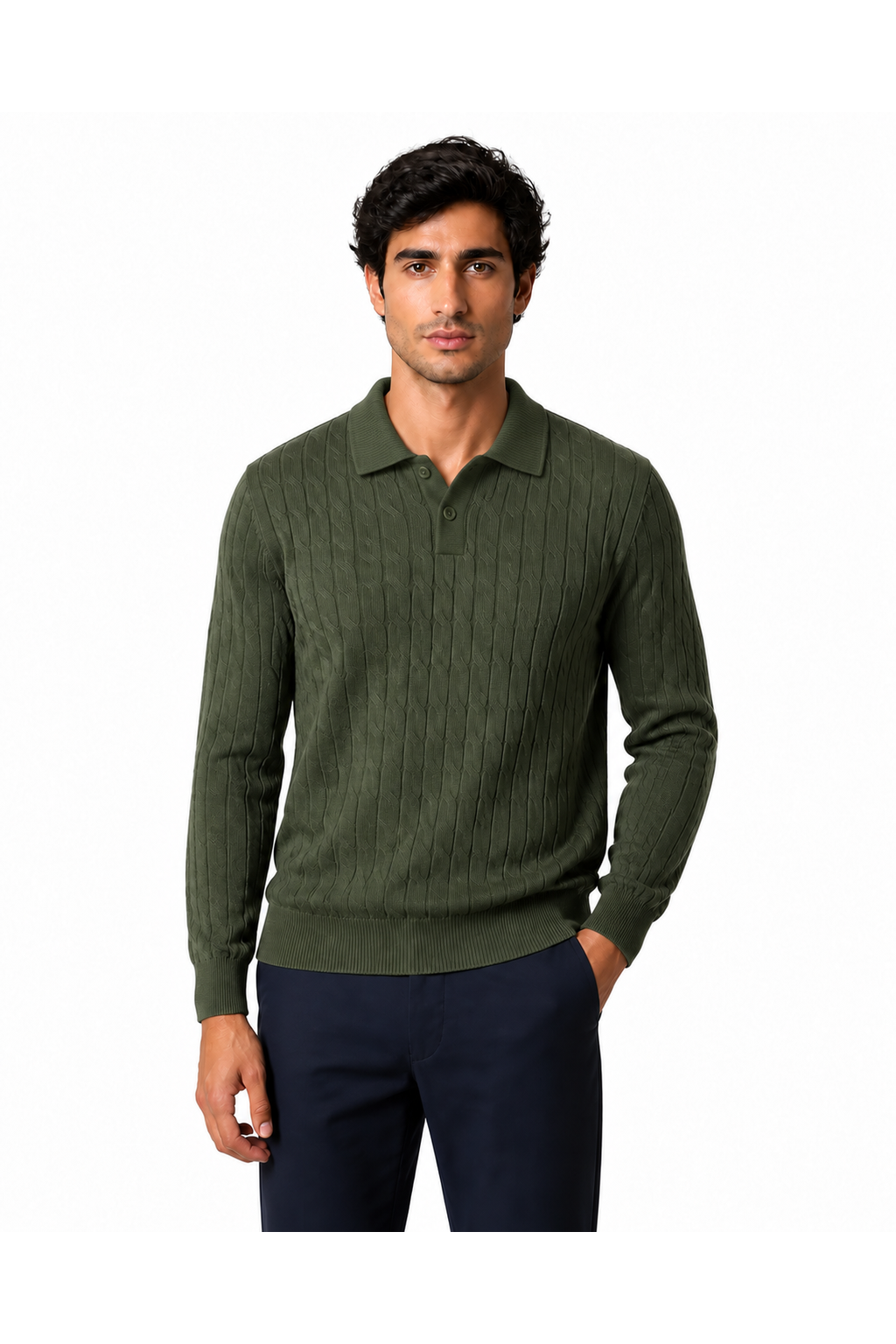 Men's cable-knit polo sweater in army green, front view