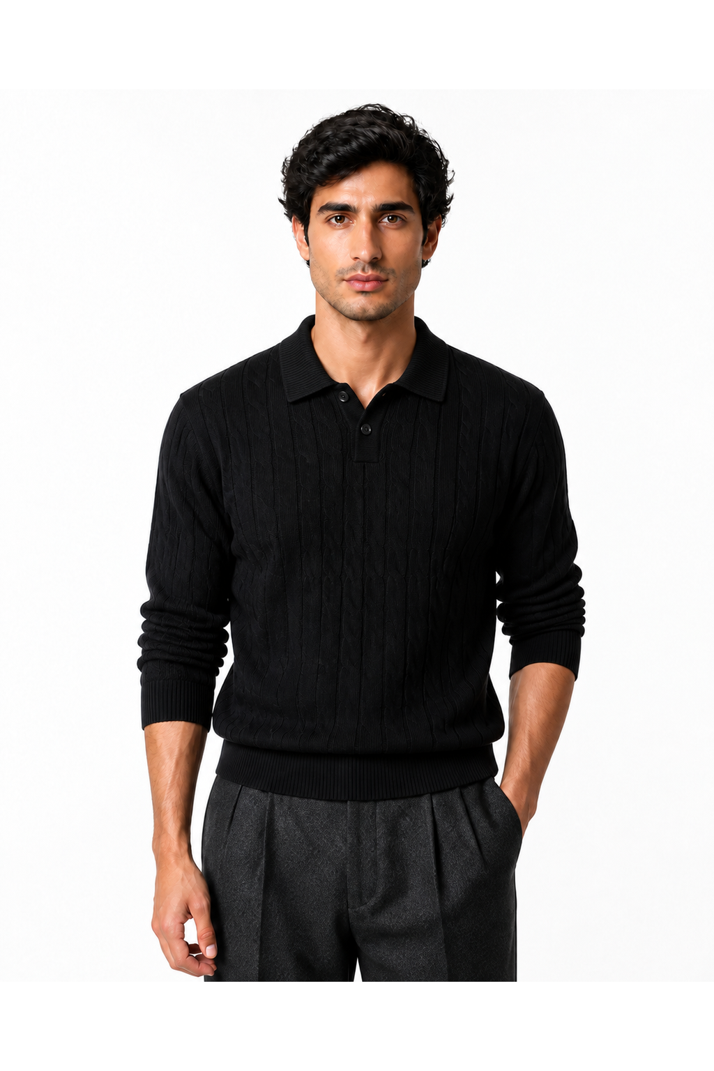Men's cable-knit polo sweater in black, front view