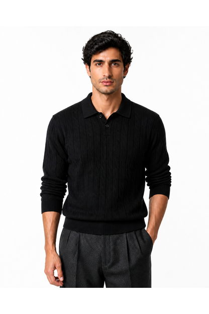 Men's cable-knit polo sweater in black, front view