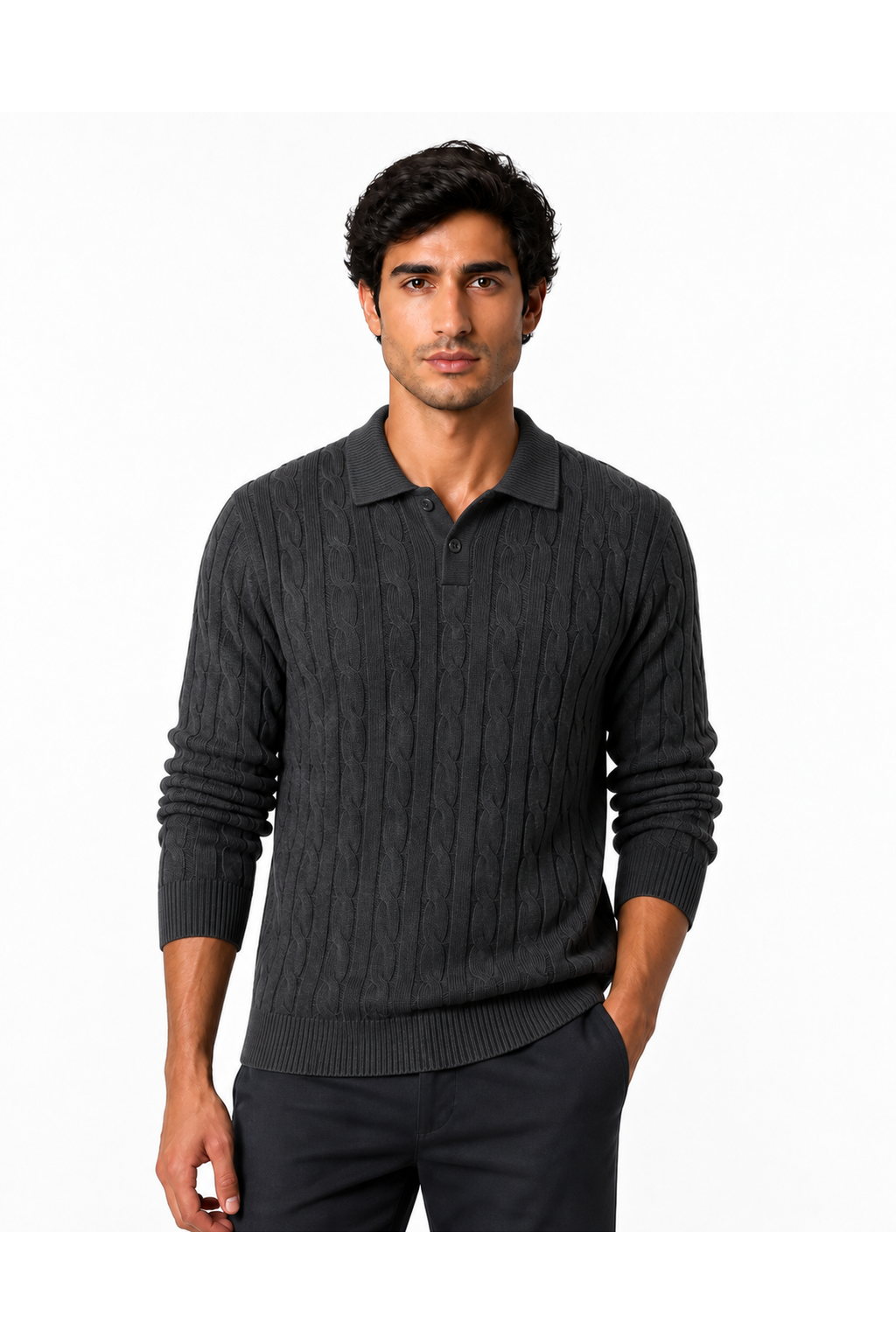 Men's cable-knit polo sweater in dark gray, front view