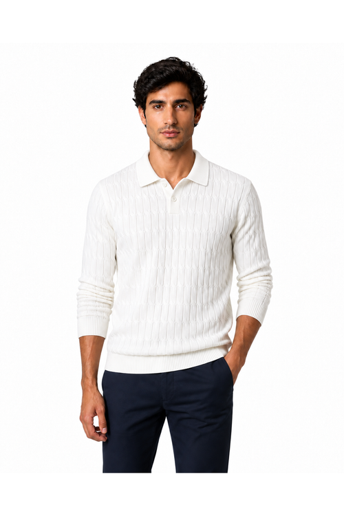 Men's cable-knit polo sweater in white, front view