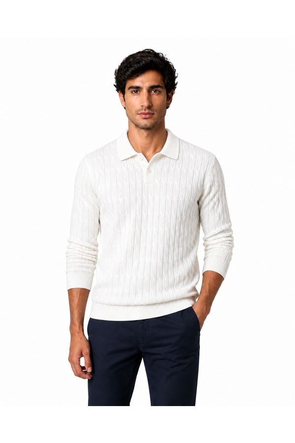 Men's cable-knit polo sweater in white, front view