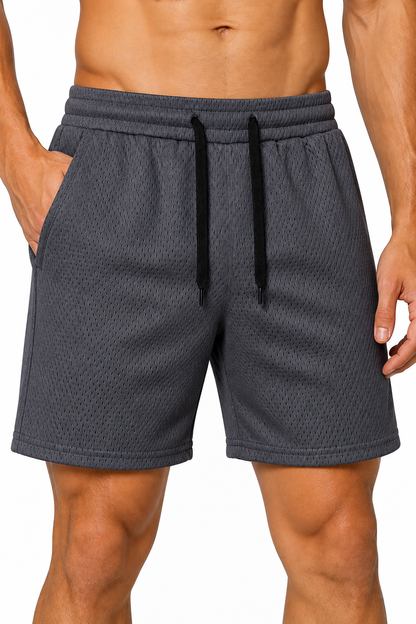 Men's Gym Shorts Breathable Mesh Lightweight Fit, Dark Gray, fabric close-up