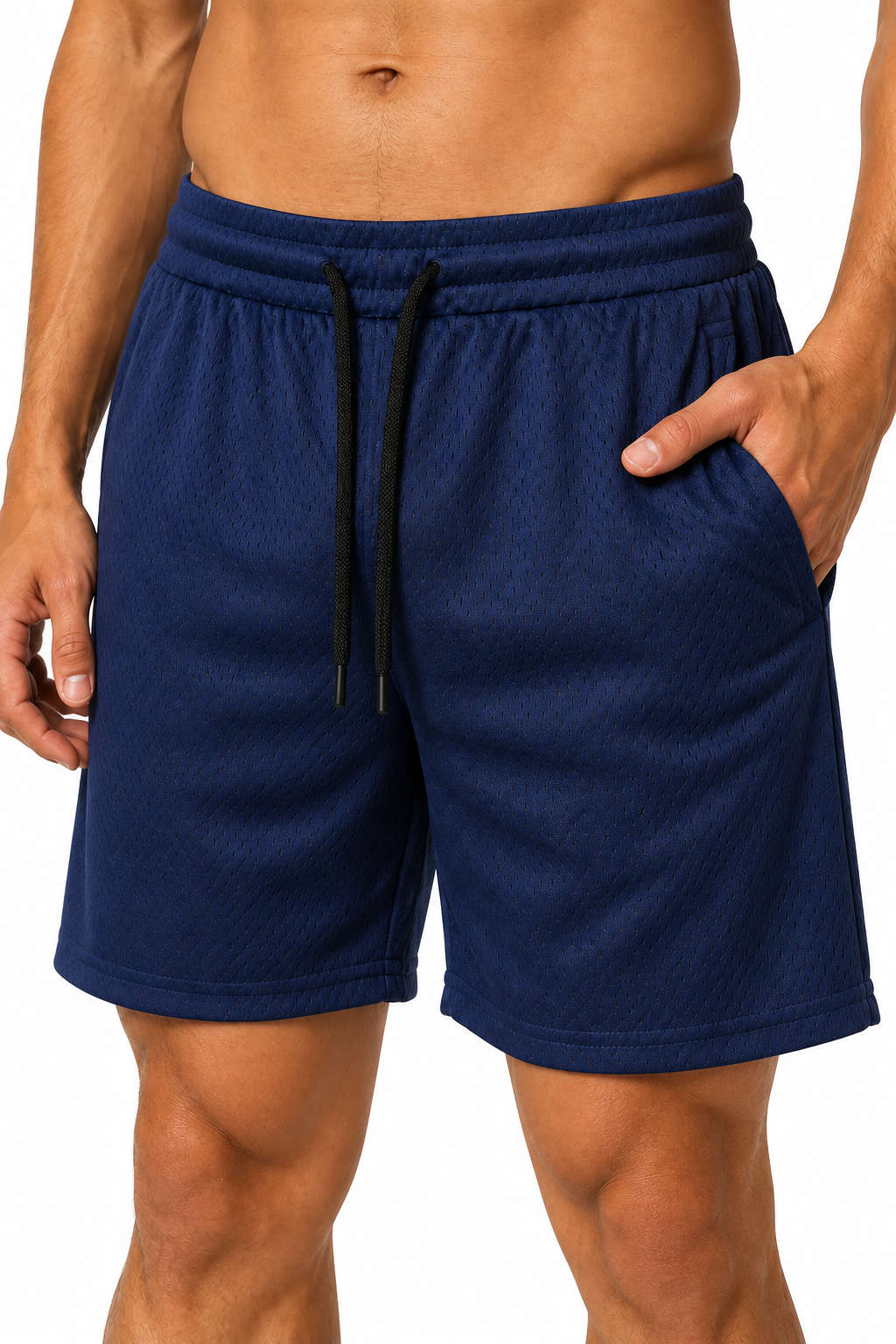 Men's Gym Shorts Breathable Mesh Lightweight Fit, Dark Blue, fabric close-up