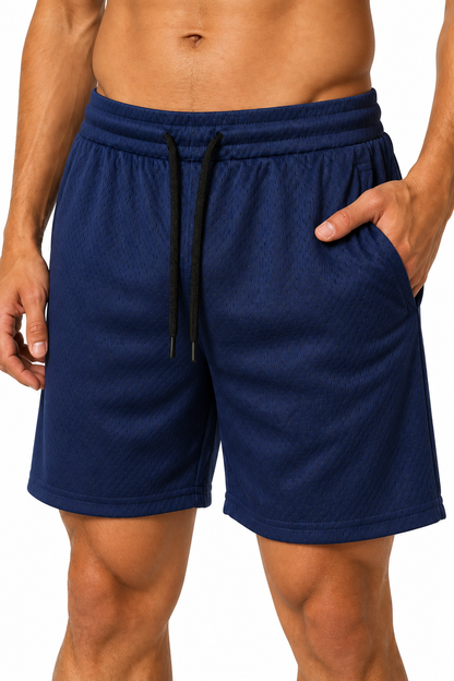 Men's Gym Shorts Breathable Mesh Lightweight Fit, Dark Blue, fabric close-up