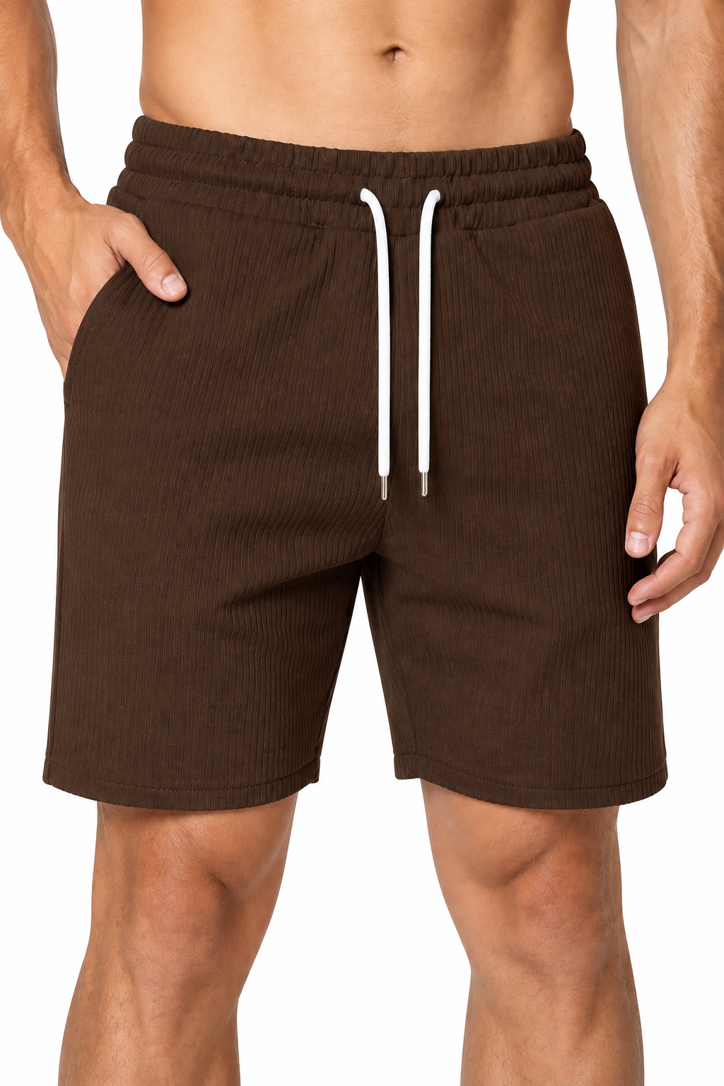 Men's Shorts Drawstring Waist Everyday Fit, Brown, fabric close-up