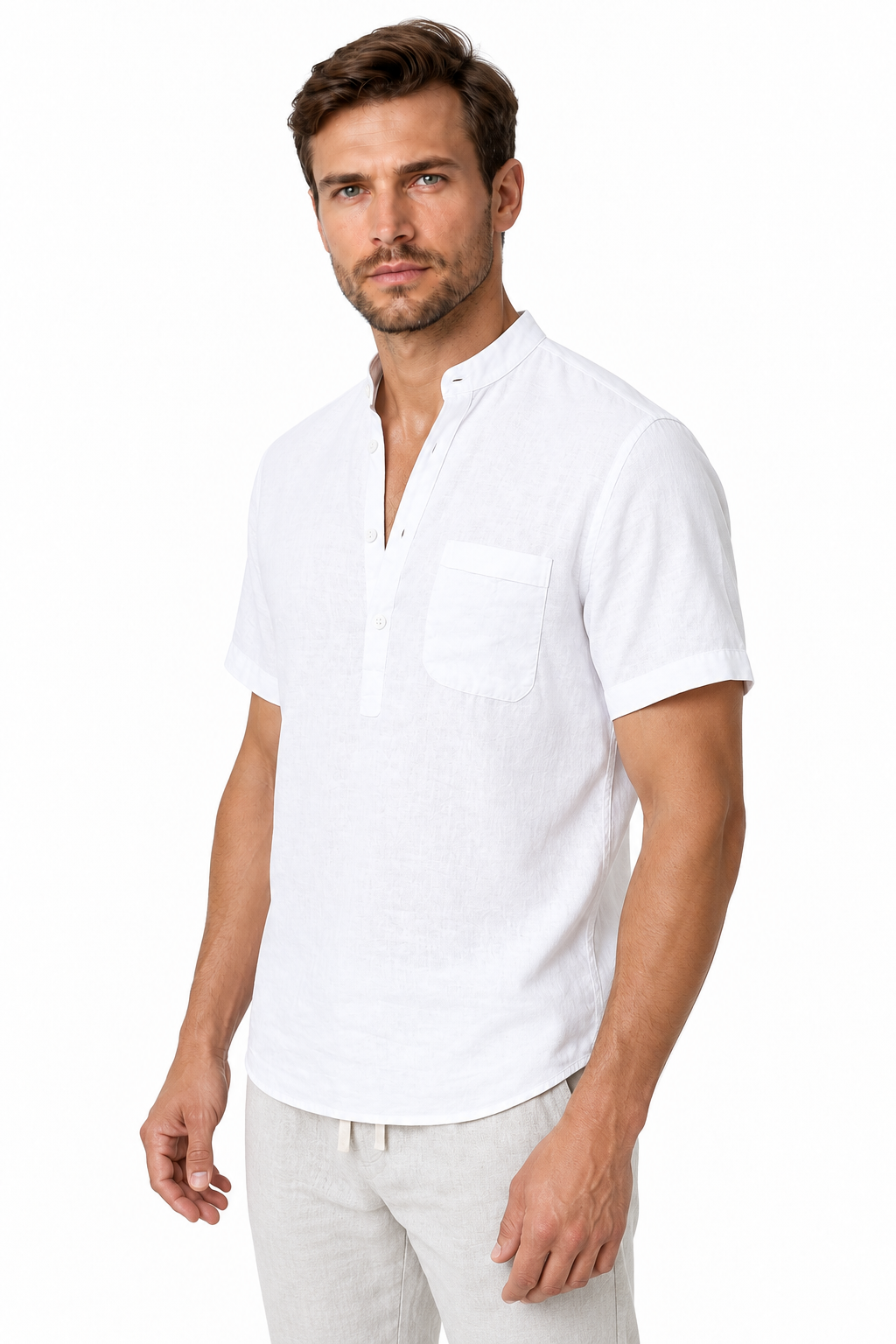 Ventorino Men's V-Neck Shirt Relaxed Fit Linen Blend | Ventorino in White — model three-quarter view