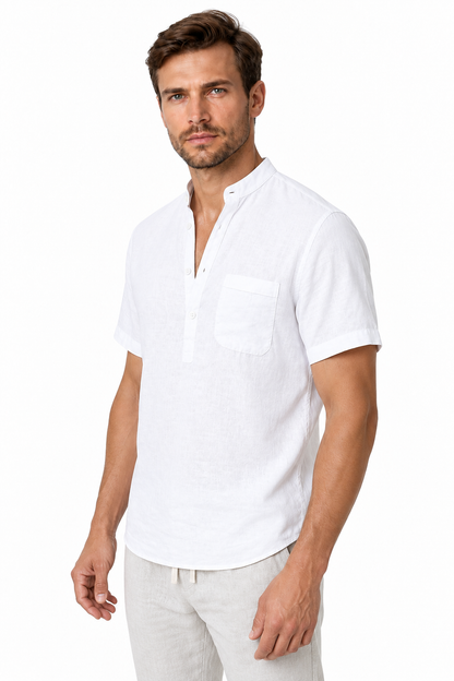 Ventorino Men's V-Neck Shirt Relaxed Fit Linen Blend | Ventorino in White — model three-quarter view