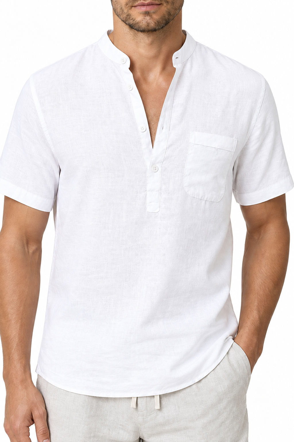 Ventorino Men's V-Neck Shirt Relaxed Fit Linen Blend | Ventorino in White — garment and fabric detail