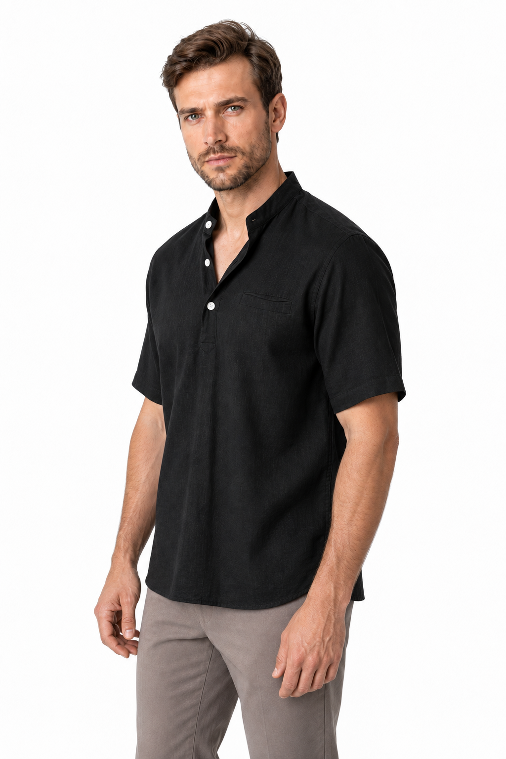 Ventorino Men's V-Neck Shirt Relaxed Fit Linen Blend | Ventorino in Black — model three-quarter view