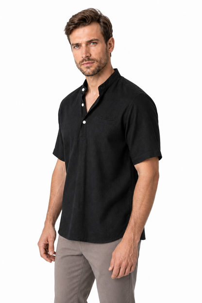 Ventorino Men's V-Neck Shirt Relaxed Fit Linen Blend | Ventorino in Black — model three-quarter view