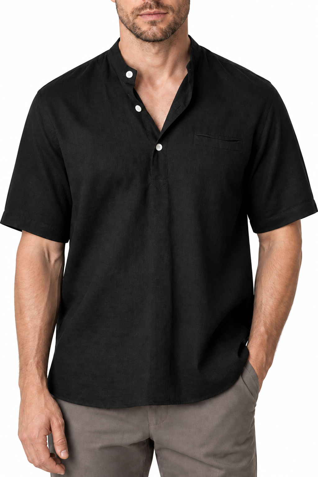 Ventorino Men's V-Neck Shirt Relaxed Fit Linen Blend | Ventorino in Black — garment and fabric detail