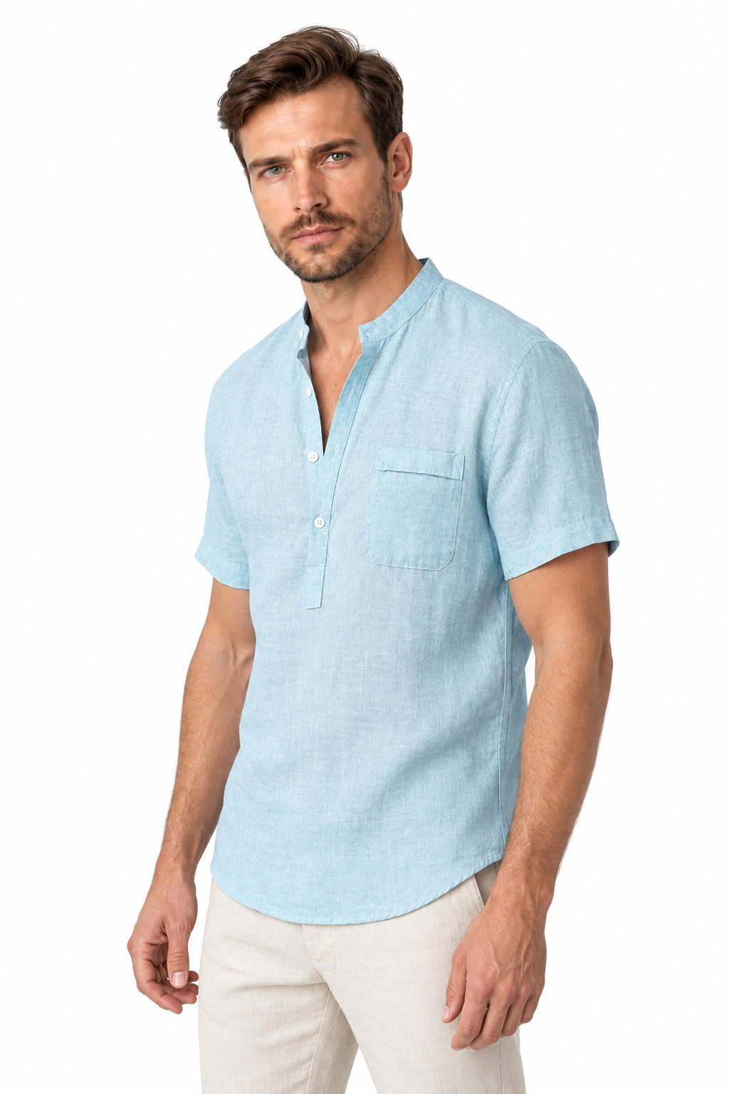 Ventorino Men's V-Neck Shirt Relaxed Fit Linen Blend | Ventorino in Light blue — model three-quarter view