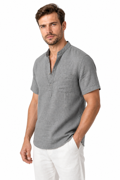 Ventorino Men's V-Neck Shirt Relaxed Fit Linen Blend | Ventorino in Gray — model three-quarter view