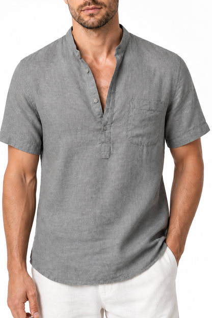 Ventorino Men's V-Neck Shirt Relaxed Fit Linen Blend | Ventorino in Gray — garment and fabric detail