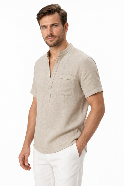 Ventorino Men's V-Neck Shirt Relaxed Fit Linen Blend | Ventorino in Beige — model three-quarter view