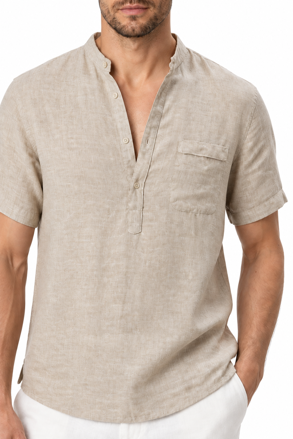 Ventorino Men's V-Neck Shirt Relaxed Fit Linen Blend | Ventorino in Beige — garment and fabric detail