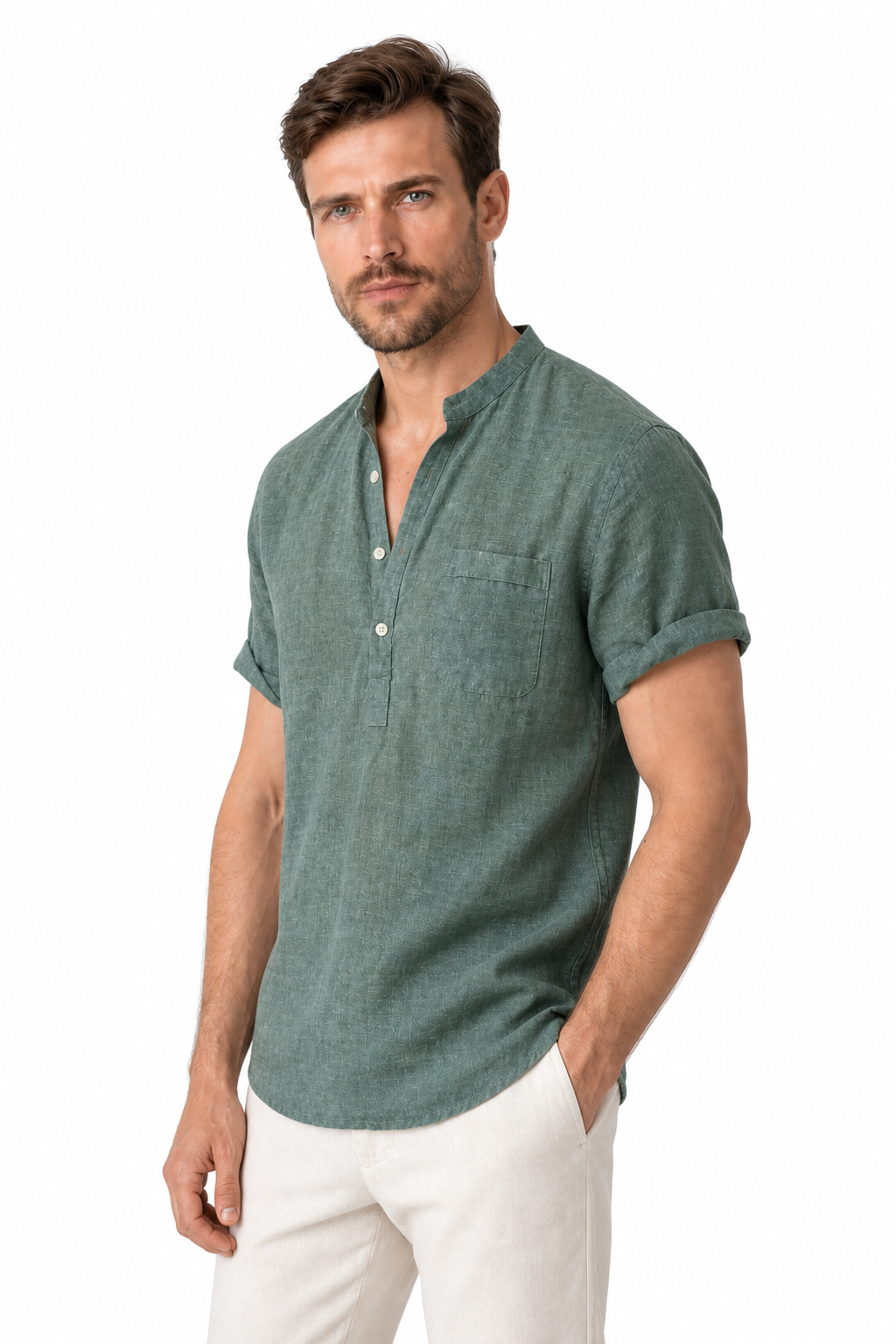 Ventorino Men's V-Neck Shirt Relaxed Fit Linen Blend | Ventorino in Dark green — model three-quarter view