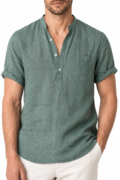 Ventorino Men's V-Neck Shirt Relaxed Fit Linen Blend | Ventorino in Dark green — garment and fabric detail