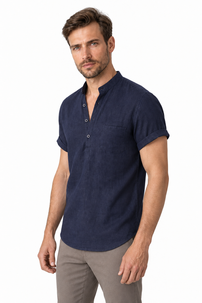 Ventorino Men's V-Neck Shirt Relaxed Fit Linen Blend | Ventorino in Navy blue — model three-quarter view