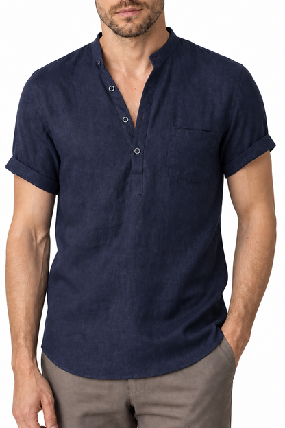 Ventorino Men's V-Neck Shirt Relaxed Fit Linen Blend | Ventorino in Navy blue — garment and fabric detail