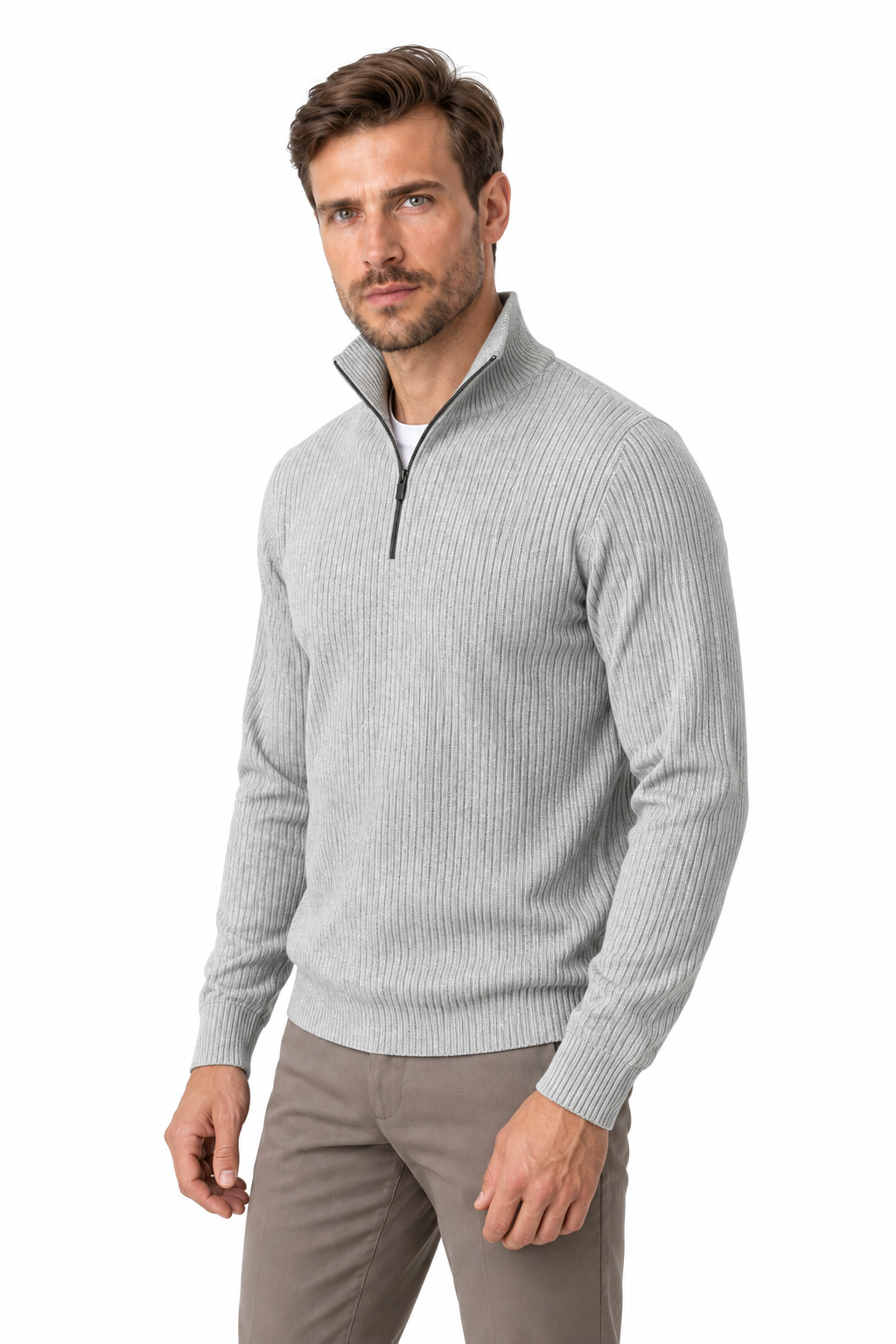 Ventorino Men's Polo Sweater Ribbed Knit Half Zip | Ventorino in Light Grey — model three-quarter view