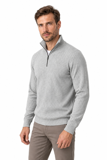 Ventorino Men's Polo Sweater Ribbed Knit Half Zip | Ventorino in Light Grey — model three-quarter view
