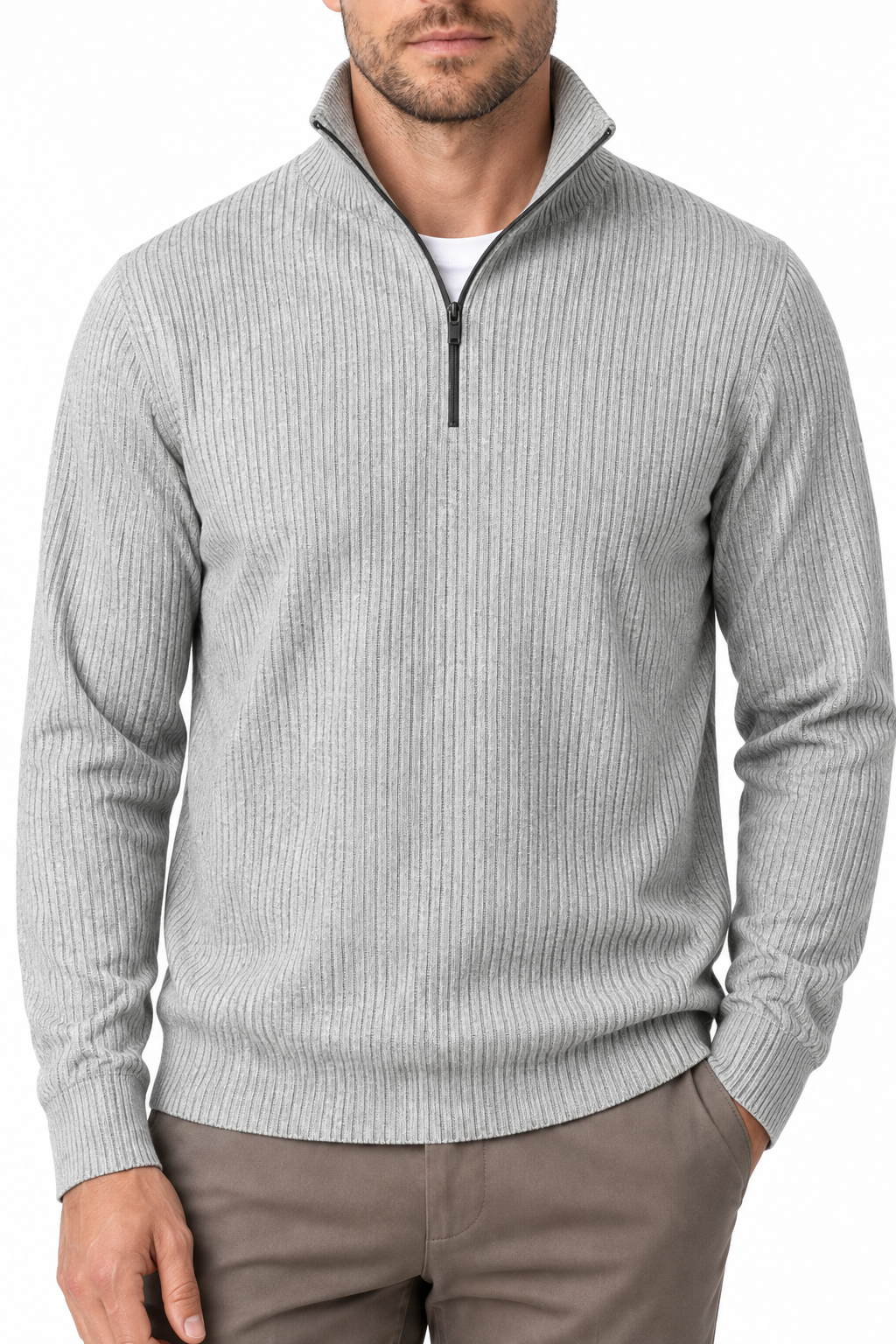 Ventorino Men's Polo Sweater Ribbed Knit Half Zip | Ventorino in Light Grey — garment and fabric detail