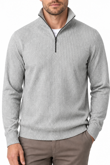Ventorino Men's Polo Sweater Ribbed Knit Half Zip | Ventorino in Light Grey — garment and fabric detail