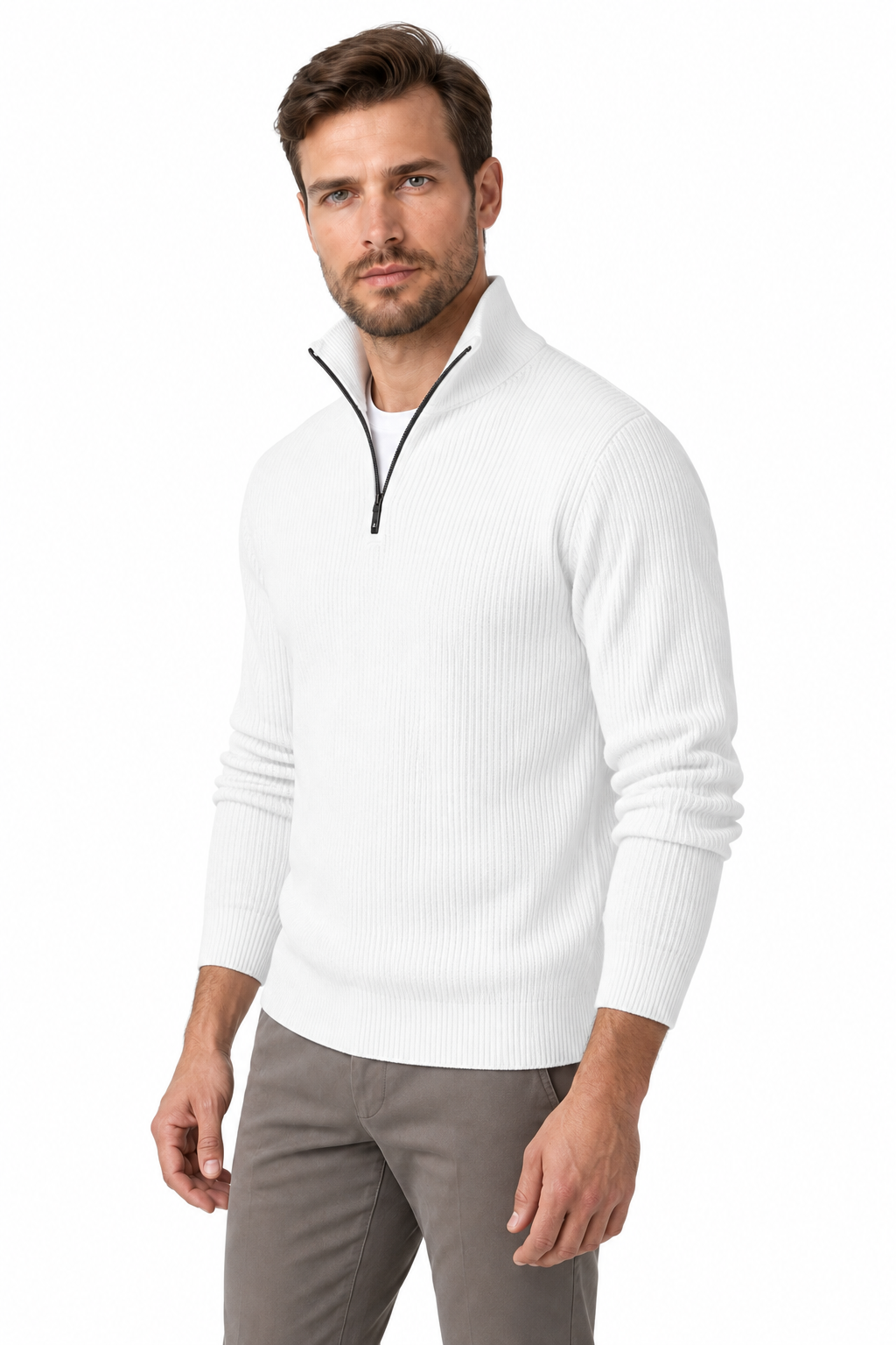 Ventorino Men's Polo Sweater Ribbed Knit Half Zip | Ventorino in White — model three-quarter view