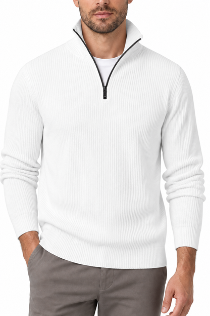Ventorino Men's Polo Sweater Ribbed Knit Half Zip | Ventorino in White — garment and fabric detail