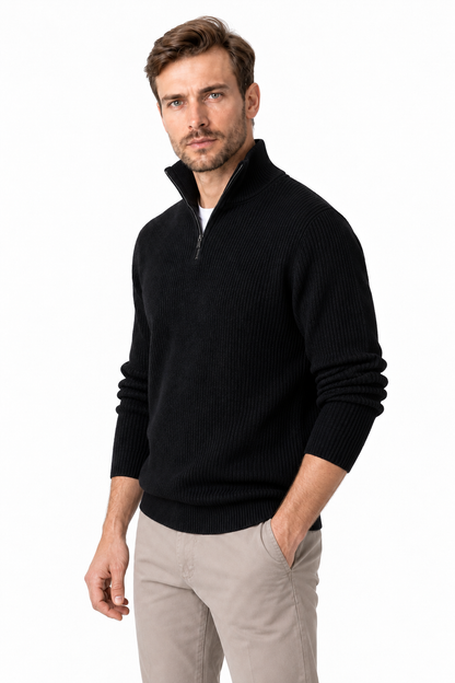 Ventorino Men's Polo Sweater Ribbed Knit Half Zip | Ventorino in Black — model three-quarter view