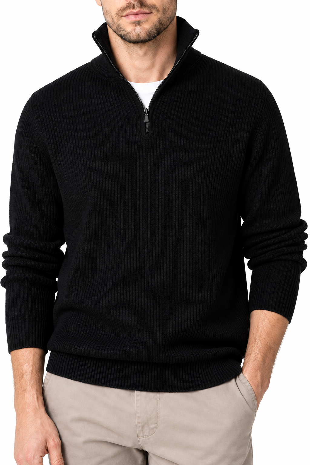 Ventorino Men's Polo Sweater Ribbed Knit Half Zip | Ventorino in Black — garment and fabric detail