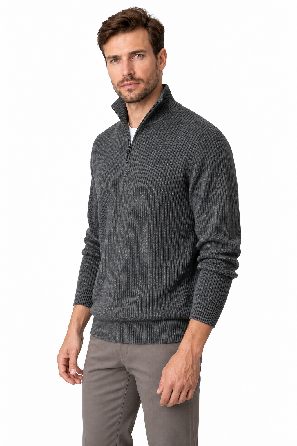 Ventorino Men's Polo Sweater Ribbed Knit Half Zip | Ventorino in Dark Grey — model three-quarter view