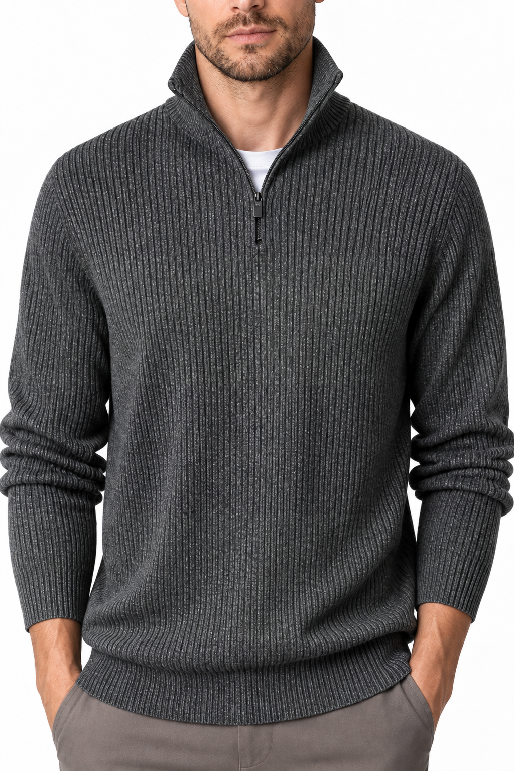 Ventorino Men's Polo Sweater Ribbed Knit Half Zip | Ventorino in Dark Grey — garment and fabric detail