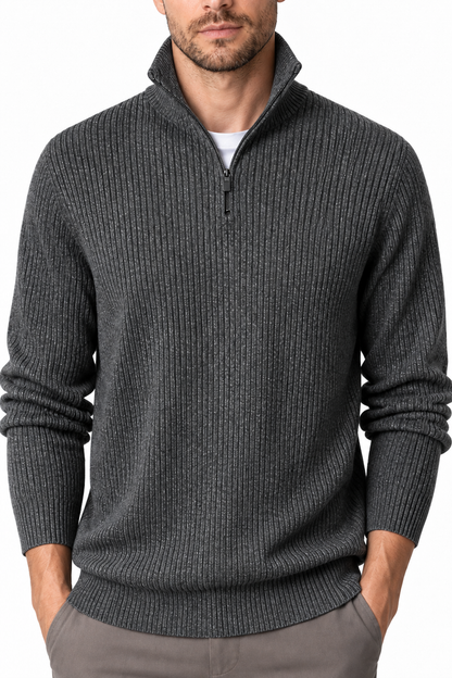 Ventorino Men's Polo Sweater Ribbed Knit Half Zip | Ventorino in Dark Grey — garment and fabric detail