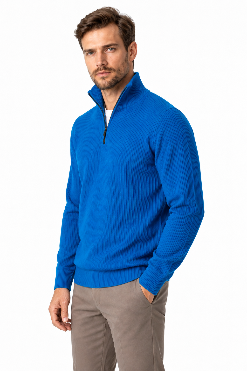 Ventorino Men's Polo Sweater Ribbed Knit Half Zip | Ventorino in Blue — model three-quarter view