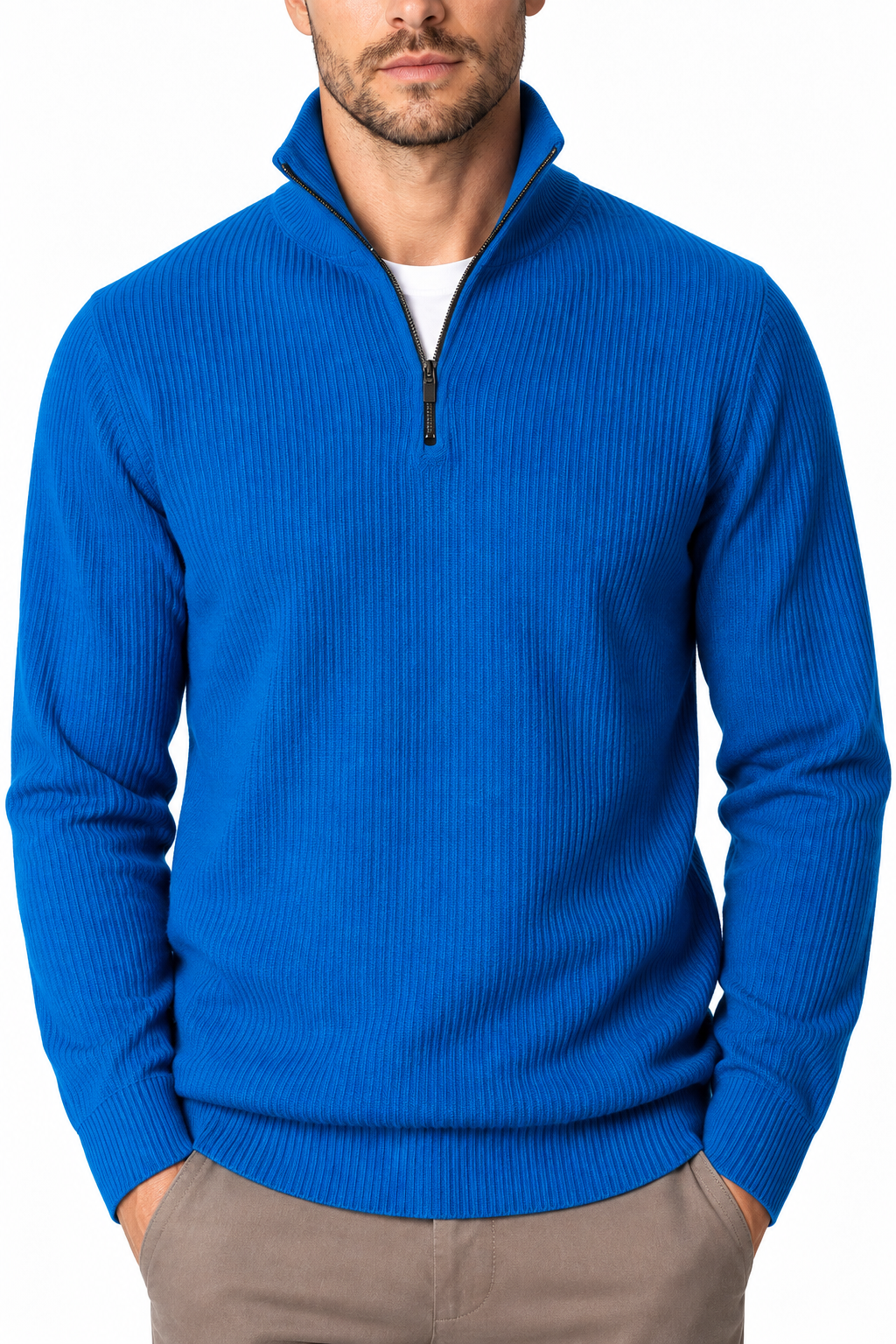 Ventorino Men's Polo Sweater Ribbed Knit Half Zip | Ventorino in Blue — garment and fabric detail