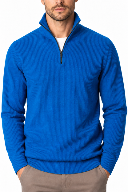 Ventorino Men's Polo Sweater Ribbed Knit Half Zip | Ventorino in Blue — garment and fabric detail