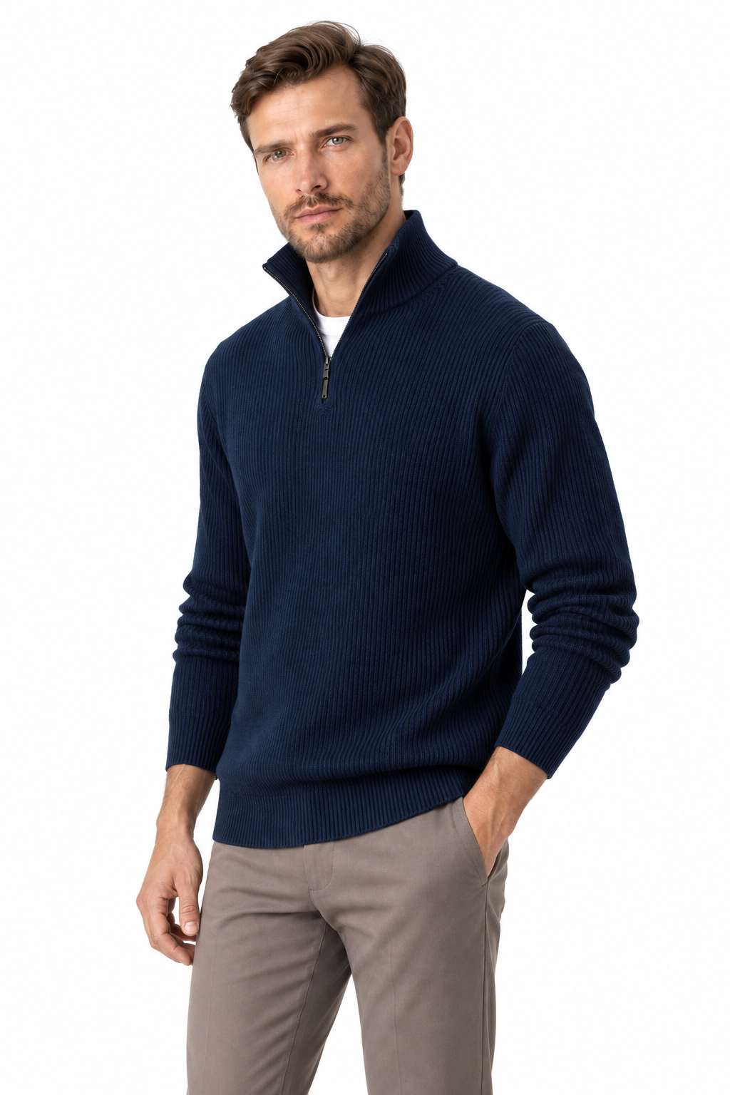 Ventorino Men's Polo Sweater Ribbed Knit Half Zip | Ventorino in Navy Blue — model three-quarter view
