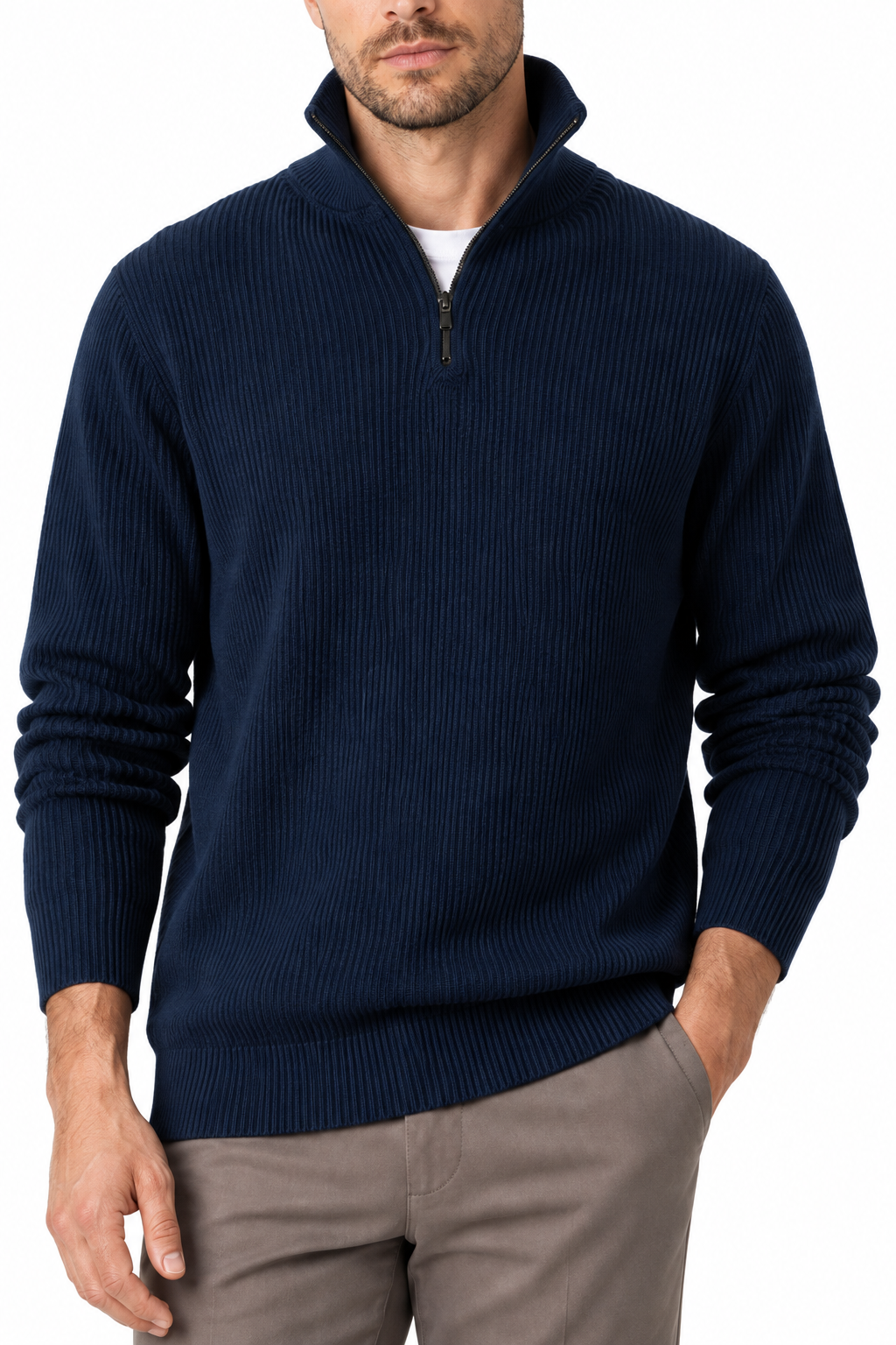 Ventorino Men's Polo Sweater Ribbed Knit Half Zip | Ventorino in Navy Blue — garment and fabric detail