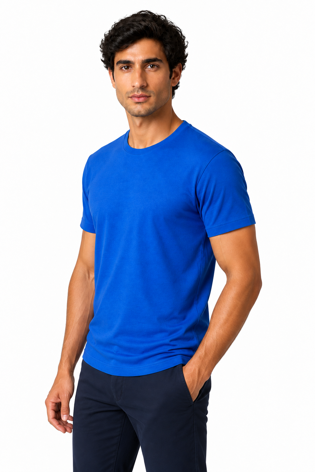 Ventorino Men's T-Shirt Premium Fabric Crew Neck | Ventorino in Sapphire — model three-quarter view